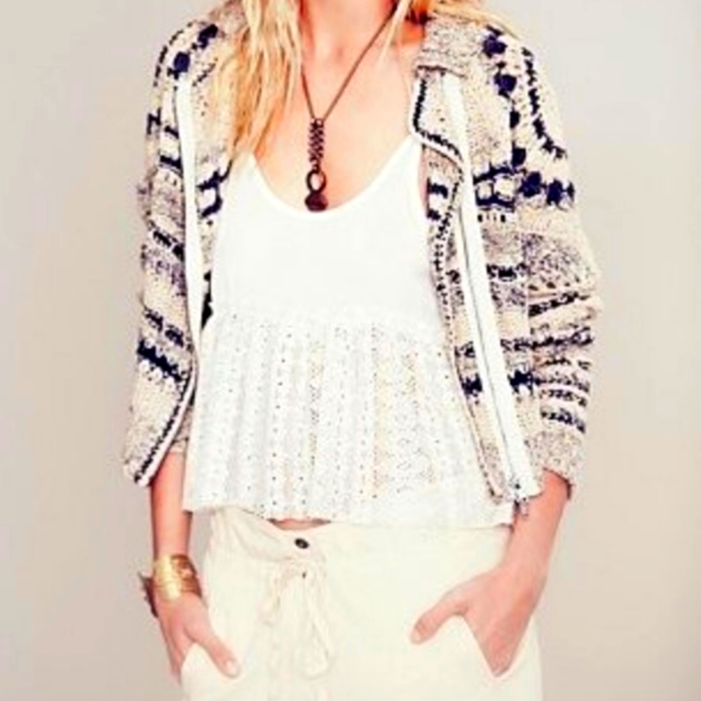 * RARE FIND* Free People Crochet Moto Jacket in Midnight Combo (white). … - Picture 2 of 10